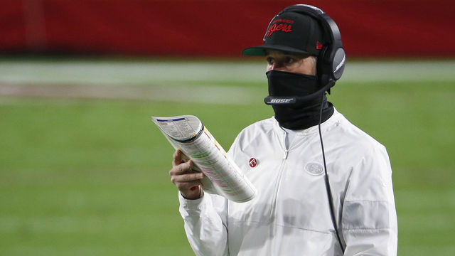 GLENDALE, ARIZONA - DECEMBER 07: Head coach Kyle Shanahan of the San Francisco 49ers looks on from the sideline during the first half of the NFL football game against the Buffalo Bills at State Farm Stadium on December 07, 2020 in Glendale, Arizona.
