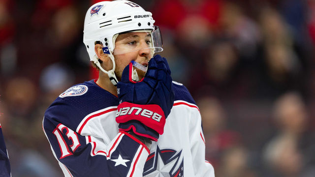 OTTAWA, ON - DECEMBER 14: Columbus Blue Jackets Right Wing Cam Atkinson (13) puts in his mouth guard before a face-off during second period National Hockey League action between the Columbus Blue Jackets and Ottawa Senators on December 14, 2019, at Canadian Tire Centre in Ottawa, ON, Canada.