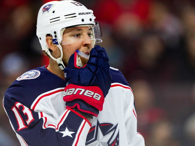 OTTAWA, ON - DECEMBER 14: Columbus Blue Jackets Right Wing Cam Atkinson (13) puts in his mouth guard before a face-off during second period National Hockey League action between the Columbus Blue Jackets and Ottawa Senators on December 14, 2019, at Canadian Tire Centre in Ottawa, ON, Canada.