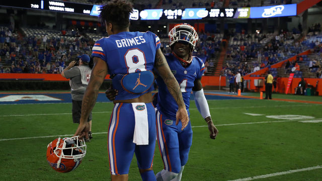GAINESVILLE, FL - DECEMBER 12: Kadarius Toney #1 and Trevon Trimes #8 of the Florida Gators warm up before the game against the LSU Tigers at Ben Hill Griffin Stadium on December 12, 2020 in Gainesville, Florida.