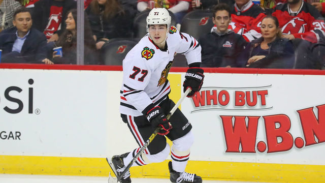 NEWARK, NJ - DECEMBER 06: Chicago Blackhawks center Kirby Dach (77) skates during the second period of the National Hockey League game between the New Jersey Devils nd the Chicago Blackhawks on December 6, 2019 at the Prudential Center in Newark, NJ.