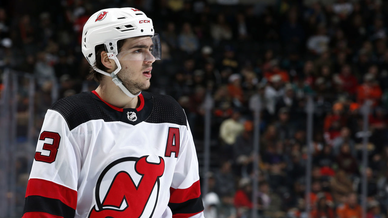 ANAHEIM, CA - MARCH 1: Nico Hischier #13 of the New Jersey Devils skates during the game against the Anaheim Ducks at Honda Center on March 1, 2020 in Anaheim, California.