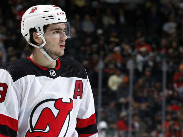 ANAHEIM, CA - MARCH 1: Nico Hischier #13 of the New Jersey Devils skates during the game against the Anaheim Ducks at Honda Center on March 1, 2020 in Anaheim, California.