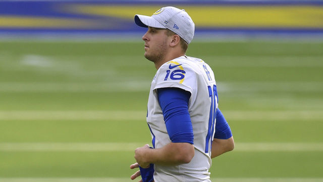 INGLEWOOD, CALIFORNIA - DECEMBER 20: Jared Goff #16 of the Los Angeles Rams comes off the field during a 23-20 New York Jets win at SoFi Stadium on December 20, 2020 in Inglewood, California.