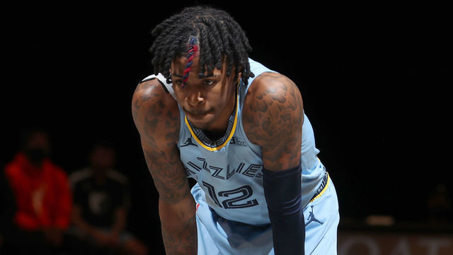 BROOKLYN, NY - DECEMBER 28: Ja Morant #12 of the Memphis Grizzlies looks on during the game against the Brooklyn Nets on December 28, 2020 at Barclays Center in Brooklyn, New York. Mandatory Copyright Notice: Copyright 2020 NBAE