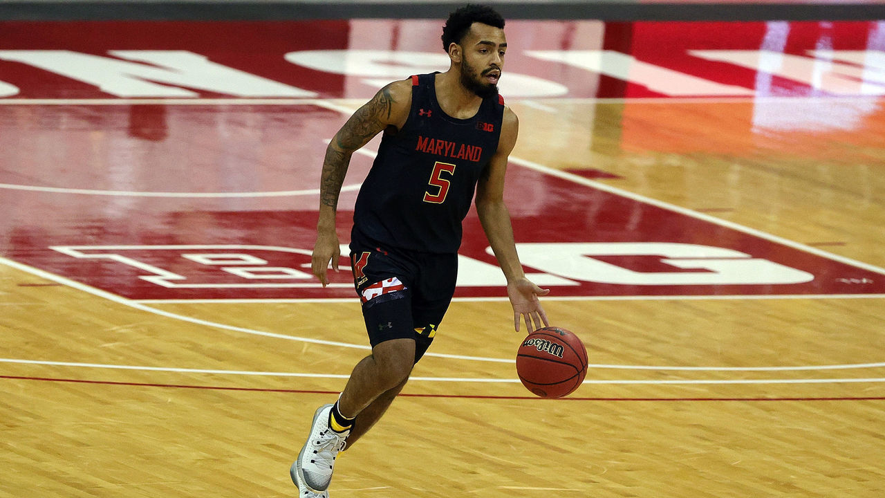 MADISON, WISCONSIN - DECEMBER 28: Eric Ayala #5 of the Maryland Terrapins handles the ball during the first half of a game against the Wisconsin Badgers at Kohl Center on December 28, 2020 in Madison, Wisconsin.