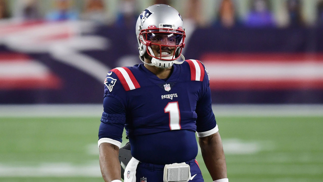 FOXBOROUGH, MASSACHUSETTS - DECEMBER 28: Cam Newton #1 of the New England Patriots looks on during warmups before the game against the Buffalo Bills at Gillette Stadium on December 28, 2020 in Foxborough, Massachusetts.