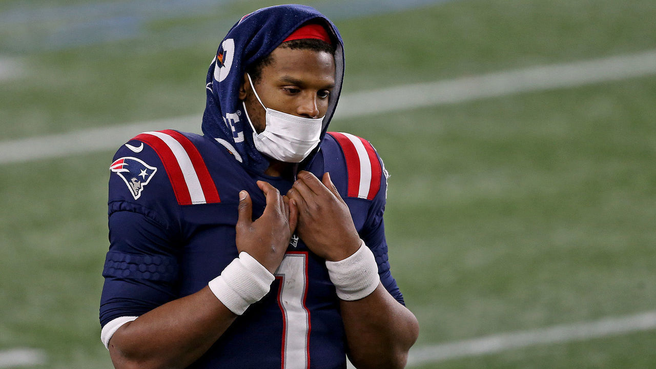 FOXBOROUGH, MA. - DECEMBER 28: Cam Newton #1 of the New England Patriots paces the sidelines after being taken out of the game during the third quarter of the NFL game against the Buffalo Bills at Gillette Stadium on December 28, 2020 in Foxborough, Massachusetts. (Staff Photo By Matt Stone/ MediaNews Group/Boston Herald)