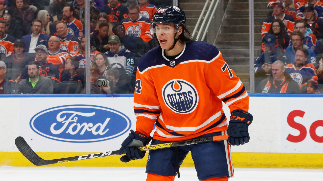 EDMONTON, AB - MARCH 11: Ethan Bear #74 of the Edmonton Oilers keeps an eye on the play during second period action against the Winnipeg Jets at Rogers Place on March 11, 2020 in Edmonton, Alberta, Canada. The Jets defeated the Oilers 4-2.