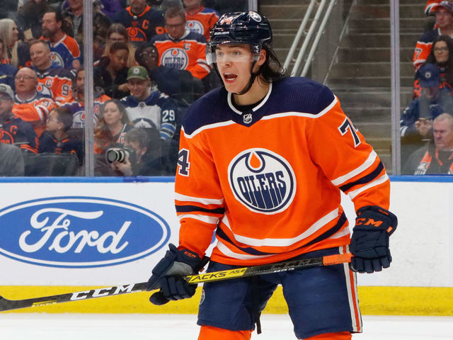 EDMONTON, AB - MARCH 11: Ethan Bear #74 of the Edmonton Oilers keeps an eye on the play during second period action against the Winnipeg Jets at Rogers Place on March 11, 2020 in Edmonton, Alberta, Canada. The Jets defeated the Oilers 4-2.