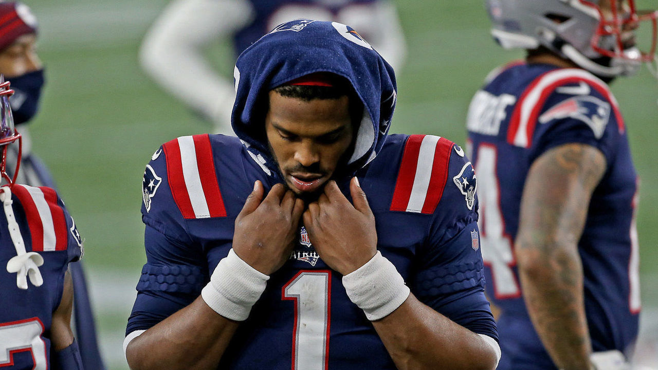 FOXBOROUGH, MA. - DECEMBER 28: Cam Newton #1 of the New England Patriots after being taken out of the game during the third quarter of the NFL game against the Buffalo Bills at Gillette Stadium on December 28, 2020 in Foxborough, Massachusetts. (Staff Photo By Matt Stone/ MediaNews Group/Boston Herald)