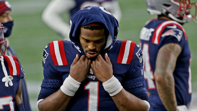 FOXBOROUGH, MA. - DECEMBER 28: Cam Newton #1 of the New England Patriots after being taken out of the game during the third quarter of the NFL game against the Buffalo Bills at Gillette Stadium on December 28, 2020 in Foxborough, Massachusetts. (Staff Photo By Matt Stone/ MediaNews Group/Boston Herald)