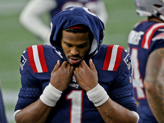 FOXBOROUGH, MA. - DECEMBER 28: Cam Newton #1 of the New England Patriots after being taken out of the game during the third quarter of the NFL game against the Buffalo Bills at Gillette Stadium on December 28, 2020 in Foxborough, Massachusetts. (Staff Photo By Matt Stone/ MediaNews Group/Boston Herald)