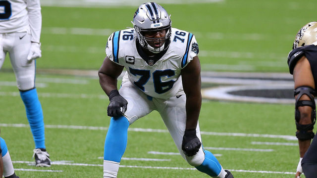 NEW ORLEANS, LOUISIANA - OCTOBER 25: Russell Okung #76 of the Carolina Panthers in action against the New Orleans Saints during a game at the Mercedes-Benz Superdome on October 25, 2020 in New Orleans, Louisiana.