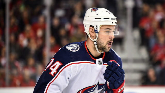 CALGARY, AB - MARCH 04: Columbus Blue Jackets Left Wing Devin Shore (74) skates back to the bench after scoring a goal against the Calgary Flames during the first period of an NHL game on March 4, 2020, at the Scotiabank Saddledome in Calgary, AB.