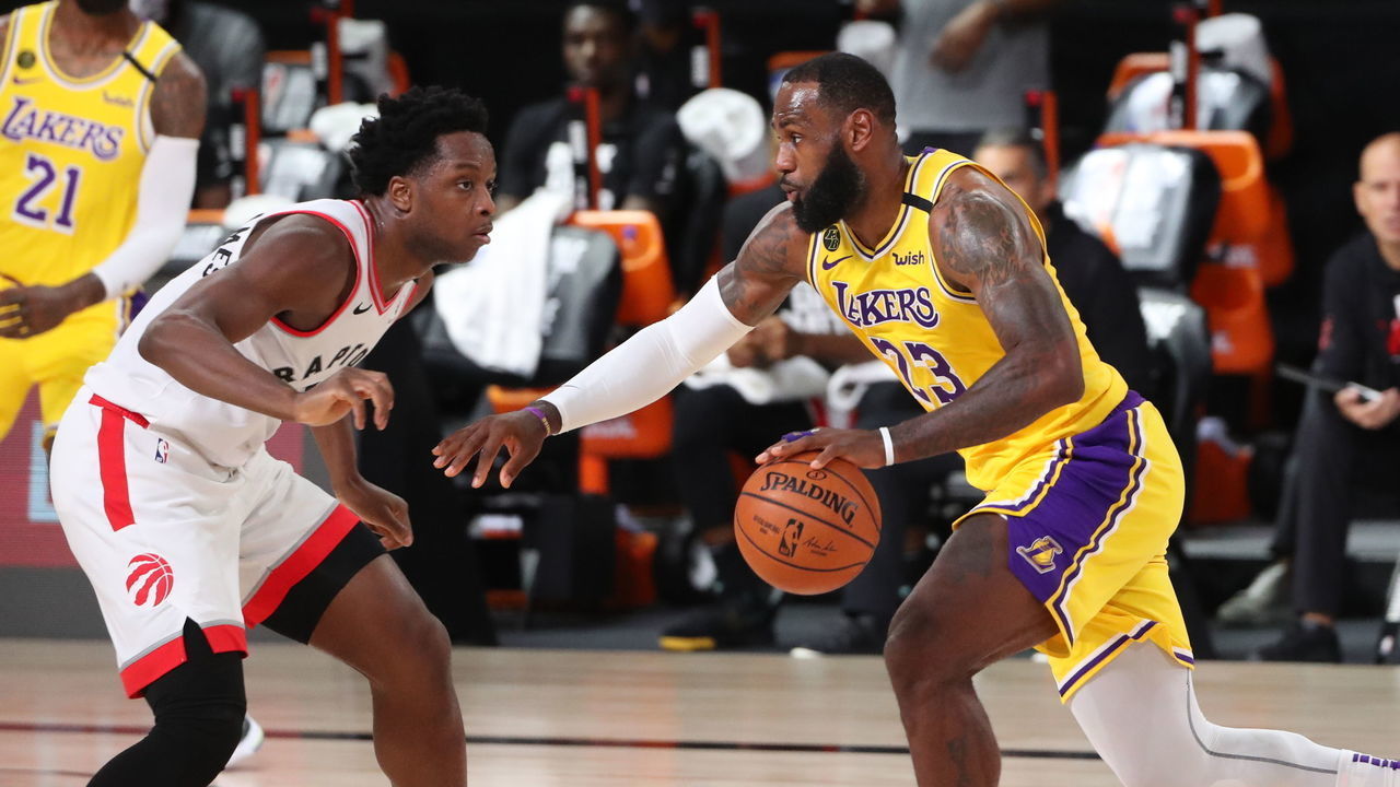 Orlando, FL - AUGUST 1: LeBron James #23 of the Los Angeles Lakers drives to the basket against the Toronto Raptors on August 1, 2020 at The Arena at ESPN Wide World of Sports in Orlando, Florida. NOTE TO USER: User expressly acknowledges and agrees that, by downloading and/or using this Photograph, user is consenting to the terms and conditions of the Getty Images License Agreement. Mandatory Copyright Notice: Copyright 2020 NBAE