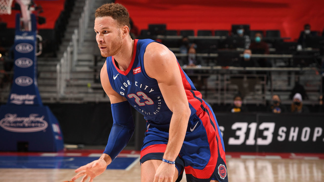 DETROIT, MI - DECEMBER 29: Blake Griffin #23 of the Detroit Pistons dribbles the ball during the game against the Golden State Warriors on December 29, 2020 at Little Caesars Arena in Detroit, Michigan. NOTE TO USER: User expressly acknowledges and agrees that, by downloading and/or using this photograph, User is consenting to the terms and conditions of the Getty Images License Agreement. Mandatory Copyright Notice: Copyright 2020 NBAE