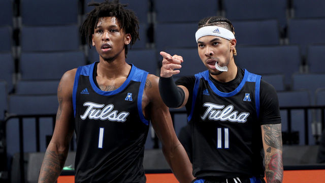 MEMPHIS, TN - DECEMBER 21: Brandon Rachal #1 and Darien Jackson #11 of the Tulsa Golden Hurricane during a game on December 21, 2020 at FedExForum in Memphis, Tennessee. Tulsa defeated Memphis 56-49.