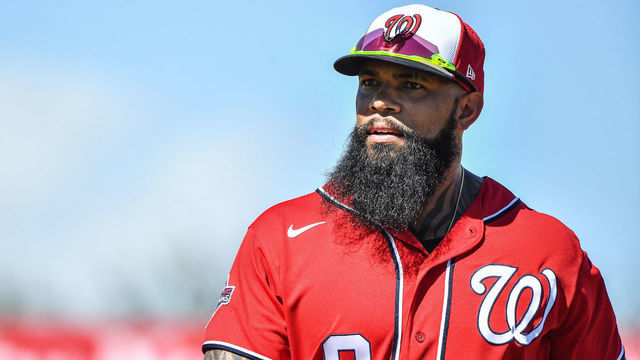 JUPITER, FLORIDA - FEBRUARY 23: Eric Thames #9 of the Washington Nationals looks on during the spring training game against the Miami Marlins at Roger Dean Chevrolet Stadium on February 23, 2020 in Jupiter, Florida.