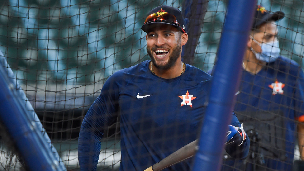 HOUSTON, TX - JULY 13: Houston Astros right fielder George Springer (4) shares a laugh during batting practice during Astros Summer Camp at Minute Maid Park on Monday, July 13, 2020 in Houston, TX.
