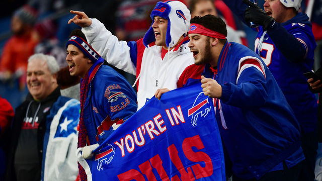 FOXBOROUGH, MASSACHUSETTS - DECEMBER 21: Bills fans display a flag before the game between the New England Patriots and the Buffalo Bills at Gillette Stadium on December 21, 2019 in Foxborough, Massachusetts.