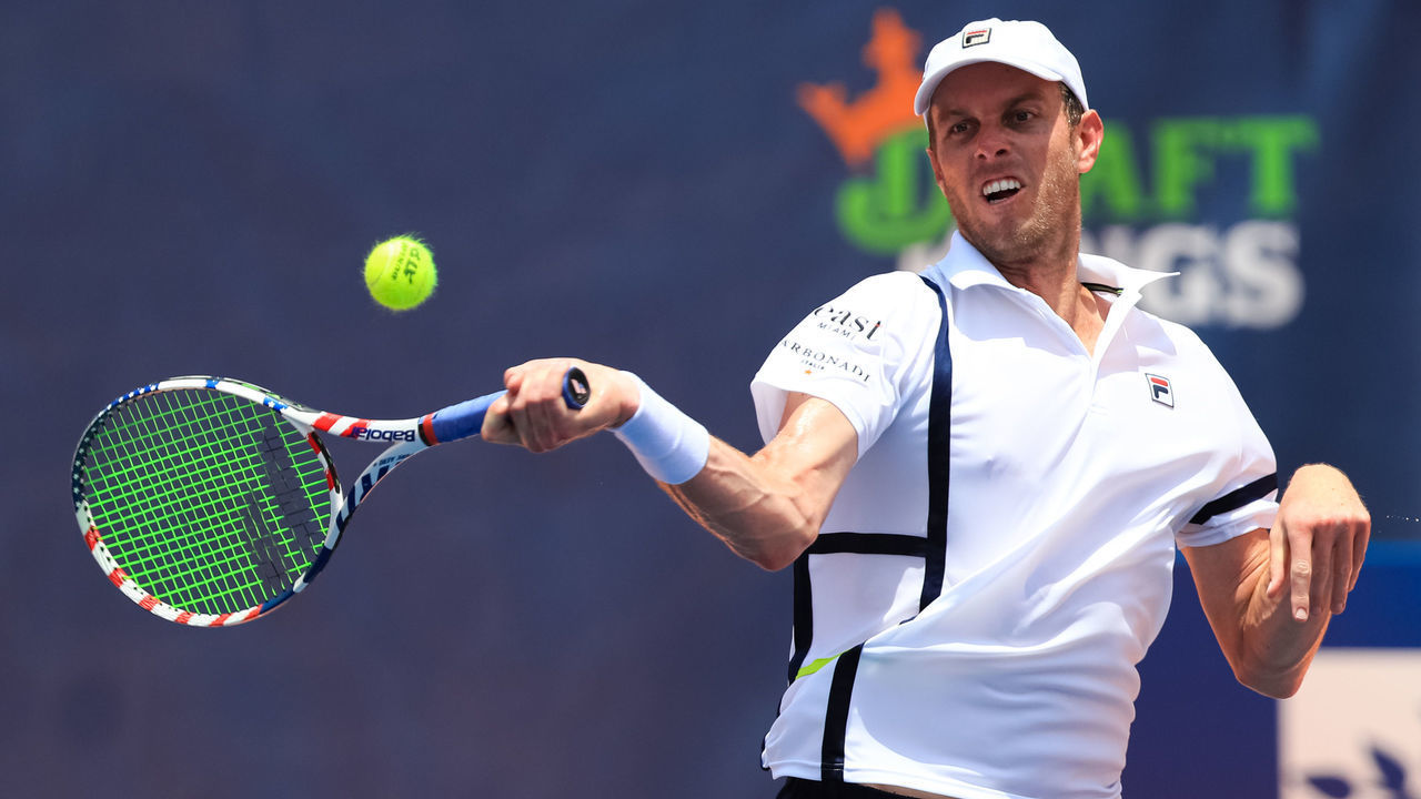 ATLANTA, GA - JULY 5: Sam Querrey of the United States returns a ball during the final day of the DraftKings All-American Team Cup on July 5, 2020 in Atlanta, Georgia.