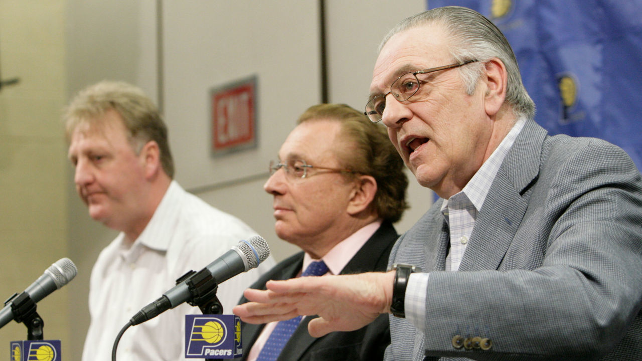 INDIANAPOLIS - MARCH 24: The Indiana Pacers CEO and President Donnie Walsh (R) speaks as Pacers President of Basketball Operations Larry Bird (L) and Pacers owner Herb Simon (C) listen during a press conference announcing the departure from the franchise at the end of the season of Indiana Pacers CEO and President Donnie Walsh at Conseco Fieldhouse March 24, 2008 in Indianapolis, Indiana. Mandatory Copyright Notice: 2008 NBAE