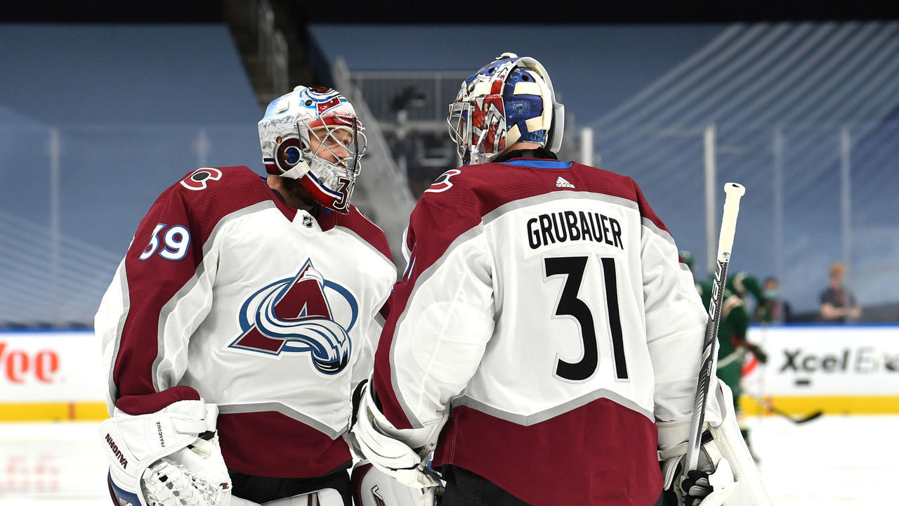 EDMONTON, ALBERTA - JULY 29: Goaltenders Pavel Francouz #39 and Philipp Grubauer #31 of the Colorado Avalanche talk during warm ups before the exhibition game against the Minnesota Wild prior to the 2020 NHL Stanley Cup Playoffs at Rogers Place on July 29, 2020 in Edmonton, Alberta.