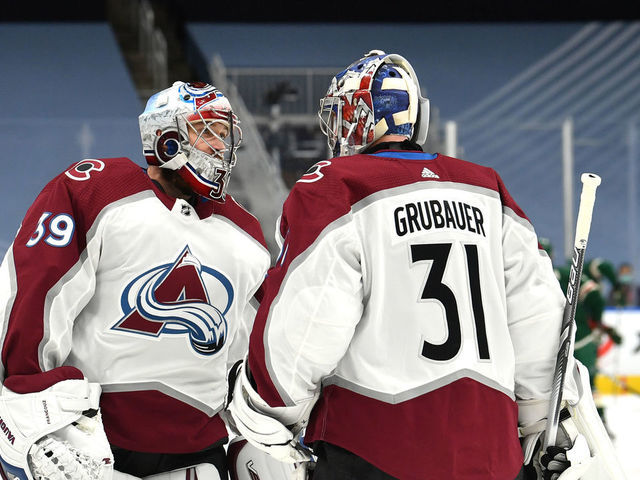 EDMONTON, ALBERTA - JULY 29: Goaltenders Pavel Francouz #39 and Philipp Grubauer #31 of the Colorado Avalanche talk during warm ups before the exhibition game against the Minnesota Wild prior to the 2020 NHL Stanley Cup Playoffs at Rogers Place on July 29, 2020 in Edmonton, Alberta.