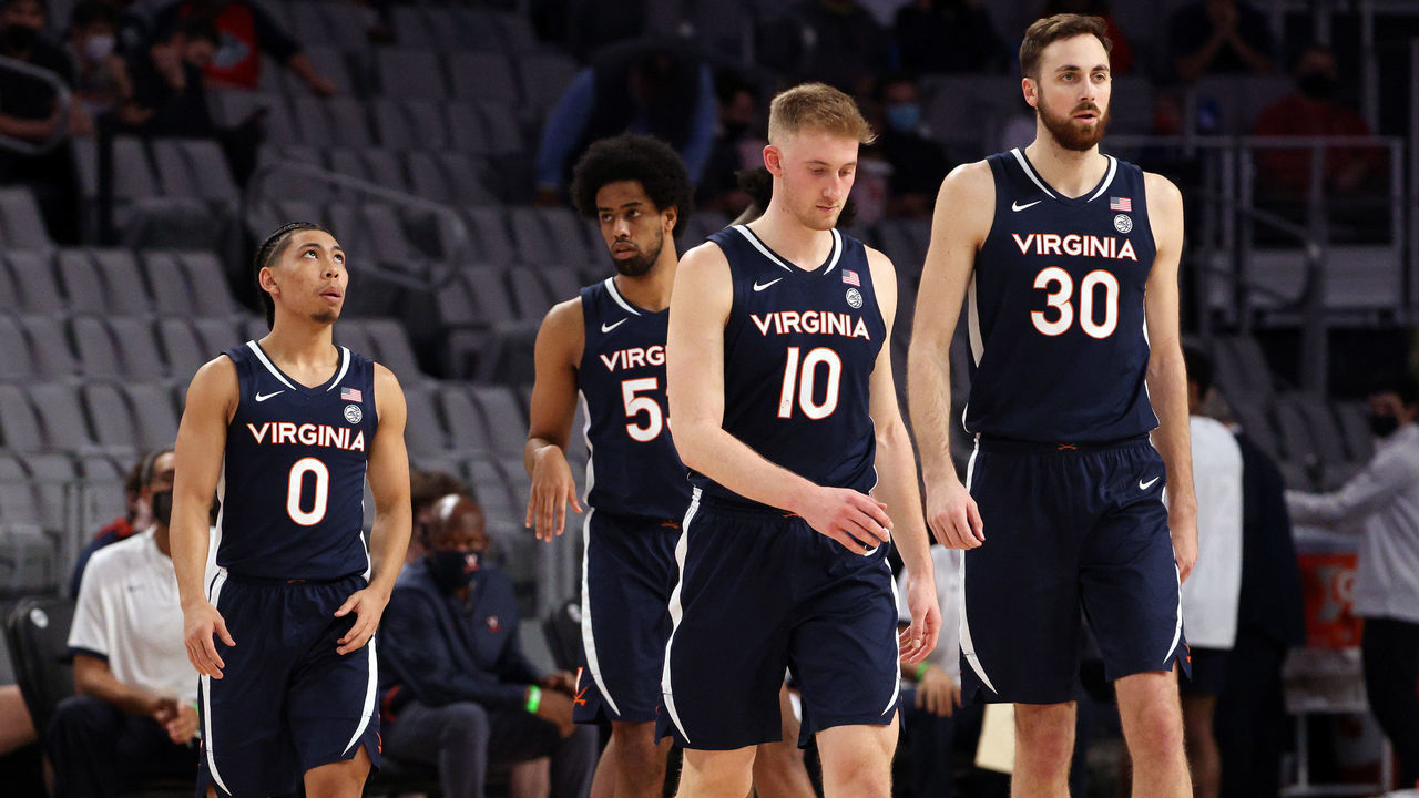 FORT WORTH, TEXAS - DECEMBER 26: The Virginia Cavaliers walk on the court during play against the Gonzaga Bulldogs in the second half at Dickies Arena on December 26, 2020 in Fort Worth, Texas.