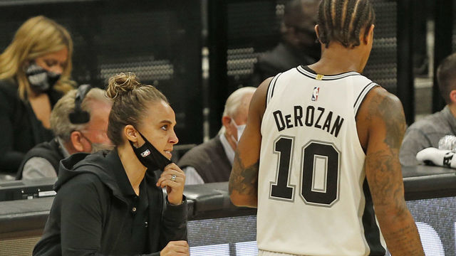 SAN ANTONIO, TX - DECEMBER 30 DeMar DeRozan #10 of the San Antonio Spurs receives instruction from assistant coach Becky Hammon who was filling for an ejected Gregg Popvich during second half action at AT&T Center on December 30, 2020 in San Antonio, Texas. NOTE TO USER: User expressly acknowledges and agrees that , by downloading and or using this photograph, User is consenting to the terms and conditions of the Getty Images License Agreement.