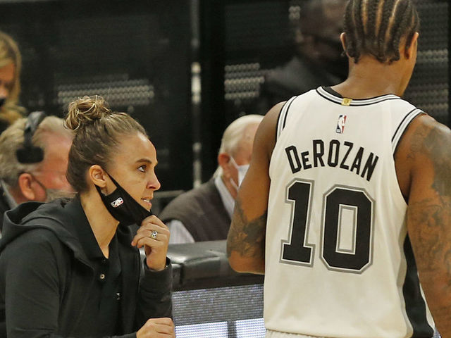 SAN ANTONIO, TX - DECEMBER 30 DeMar DeRozan #10 of the San Antonio Spurs receives instruction from assistant coach Becky Hammon who was filling for an ejected Gregg Popvich during second half action at AT&T Center on December 30, 2020 in San Antonio, Texas. NOTE TO USER: User expressly acknowledges and agrees that , by downloading and or using this photograph, User is consenting to the terms and conditions of the Getty Images License Agreement.