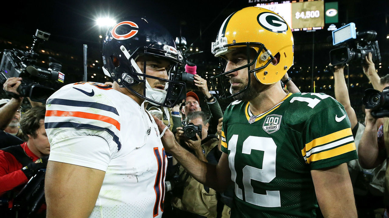 GREEN BAY, WI - SEPTEMBER 09: Mitchell Trubisky #10 of the Chicago Bears and Aaron Rodgers #12 of the Green Bay Packers meet after the Green Bay Packers beat the Chicago Bears 24-23 at Lambeau Field on September 9, 2018 in Green Bay, Wisconsin.