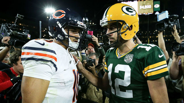 GREEN BAY, WI - SEPTEMBER 09: Mitchell Trubisky #10 of the Chicago Bears and Aaron Rodgers #12 of the Green Bay Packers meet after the Green Bay Packers beat the Chicago Bears 24-23 at Lambeau Field on September 9, 2018 in Green Bay, Wisconsin.