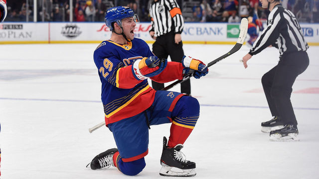 ST. LOUIS, MO - FEBRUARY 27: Vince Dunn #29 of the St. Louis Blues reacts after scoring a goal against the New York Islanders at Enterprise Center on February 27, 2020 in St. Louis, Missouri.