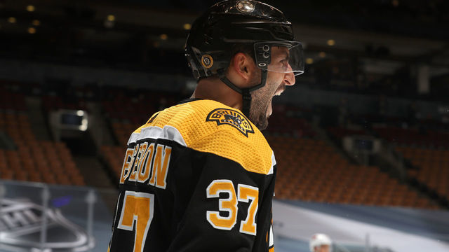 TORONTO, ONTARIO - AUGUST 19: Patrice Bergeron #37 of the Boston Bruins celebrates his power play goal against the Carolina Hurricanes during the second period of Game Five of the Eastern Conference First Round during the 2020 NHL Stanley Cup Playoffs at Scotiabank Arena on August 19, 2020 in Toronto, Ontario.
