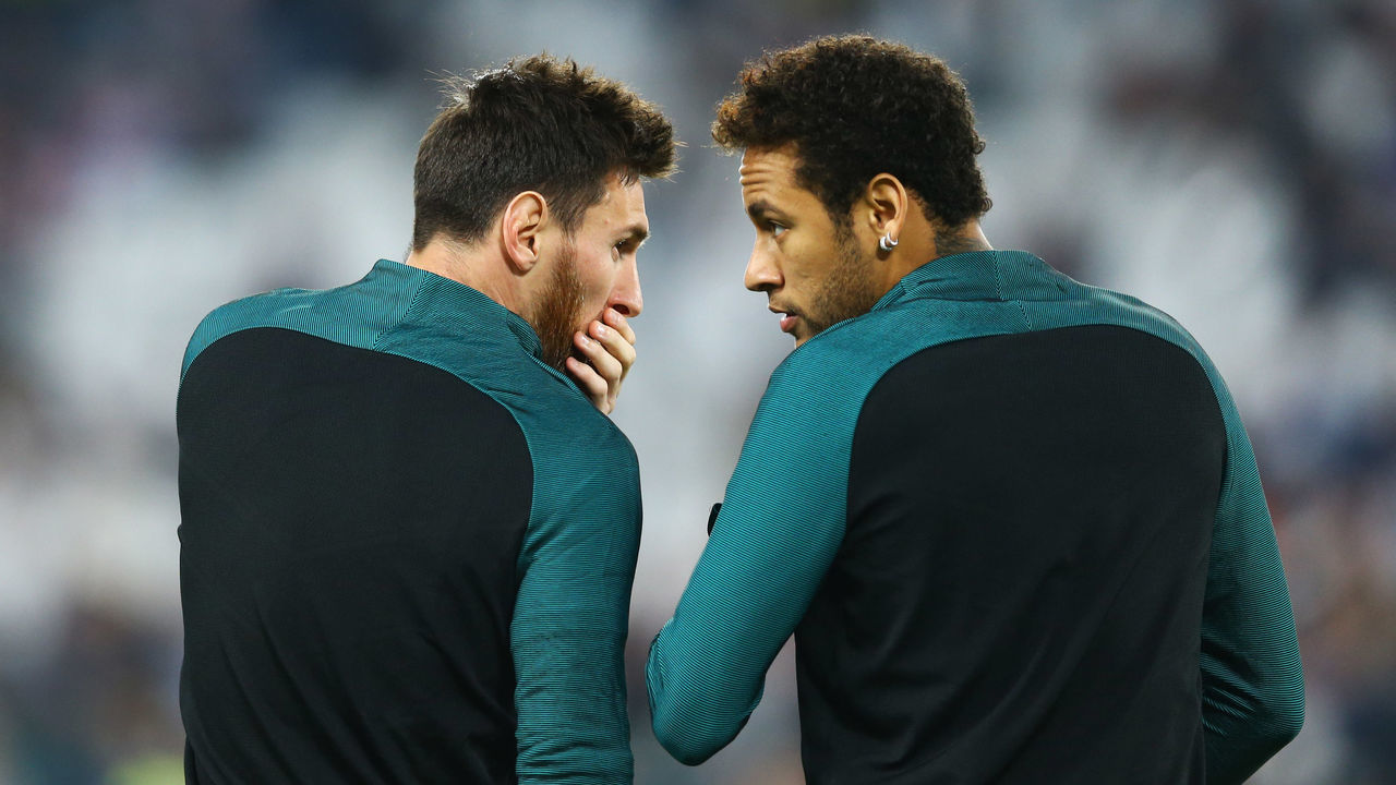 Lionel Messi and Neymar of FC Barcelona during the UEFA Champions League Quarter Final first leg match between Juventus and FC Barcelona at Juventus Stadium on April 11, 2017 in Turin, Italy.