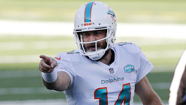 EAST RUTHERFORD, NEW JERSEY - NOVEMBER 29: (NEW YORK DAILIES OUT) Ryan Fitzpatrick #14 of the Miami Dolphins in action against the New York Jets at MetLife Stadium on November 29, 2020 in East Rutherford, New Jersey. The Dolphins defeated the Jets 20-3.