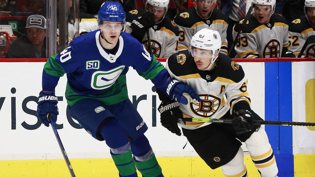 VANCOUVER, BC - FEBRUARY 22: Elias Pettersson #40 of the Vancouver Canucks skates up ice beside Brad Marchand #63 of the Boston Bruins during their NHL game at Rogers Arena February 22, 2020 in Vancouver, British Columbia, Canada. "n