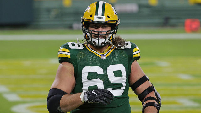 GREEN BAY, WISCONSIN - NOVEMBER 29: David Bakhtiari #69 of the Green Bay Packers leaves the field at halftime of a game against the Chicago Bears at Lambeau Field on November 29, 2020 in Green Bay, Wisconsin. The Packers defeated the Bears 45-21.