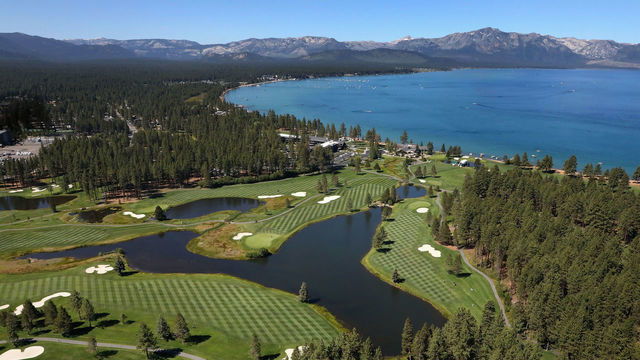 SOUTH LAKE TAHOE, NEVADA - JULY 12: Aerial view over Edgewood Tahoe South course during the final round of the American Century Championship on July 12, 2020 in South Lake Tahoe, Nevada.