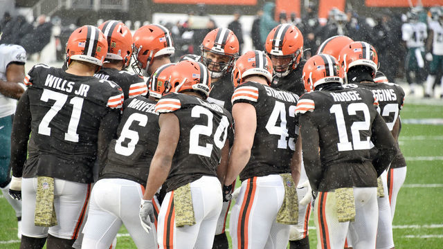 CLEVELAND, OHIO - NOVEMBER 22: The Cleveland Browns offense huddles before a play against the Philadelphia Eagles during the first half at FirstEnergy Stadium on November 22, 2020 in Cleveland, Ohio.