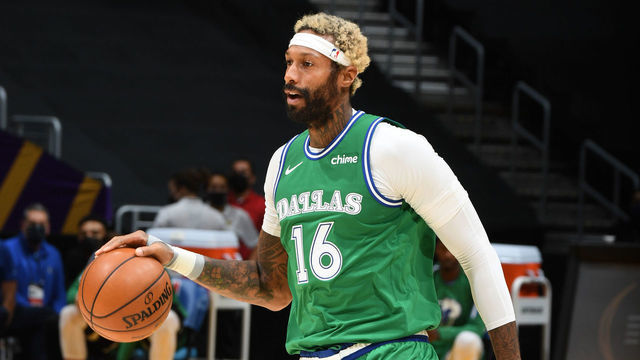 LOS ANGELES, CA - DECEMBER 25: James Johnson #16 of the Dallas Mavericks dribbles the ball during the game against the Los Angeles Lakers on December 25, 2020 at STAPLES Center in Los Angeles, California. NOTE TO USER: User expressly acknowledges and agrees that, by downloading and/or using this Photograph, user is consenting to the terms and conditions of the Getty Images License Agreement. Mandatory Copyright Notice: Copyright 2020 NBAE