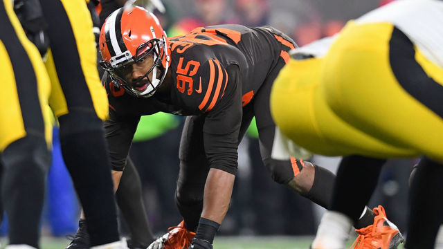 CLEVELAND, OH - NOVEMBER 14, 2019: Defensive end Myles Garrett #95 of the Cleveland Browns waits for the snap in the fourth quarter of a game against the Pittsburgh Steelers on November 14, 2019 at FirstEnergy Stadium in Cleveland, Ohio. Cleveland won 21-7. (Photo by: 2019 Nick Cammett/Diamond Images via Getty Images)