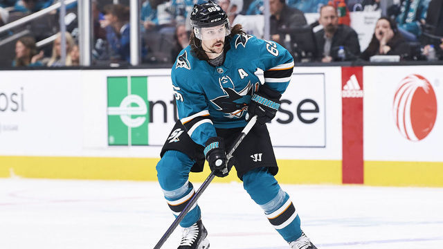 SAN JOSE, CA - JANUARY 29: San Jose Sharks defenseman Erik Karlsson (65) carries the puck during the San Jose Sharks game versus the Vancouver Canucks on January 29, 2020, at SAP Center at San Jose in San Jose, CA