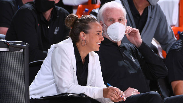 Orlando, FL - AUGUST 13: Assistant Coach, Becky Hammon, and Head Coach Gregg Popovich of the San Antonio Spurs talk during a game against the Utah Jazz on August 13, 2020 at The Field House at ESPN Wide World Of Sports Complex at in Orlando, Florida. NOTE TO USER: User expressly acknowledges and agrees that, by downloading and/or using this Photograph, user is consenting to the terms and conditions of the Getty Images License Agreement. Mandatory Copyright Notice: Copyright 2020 NBAE