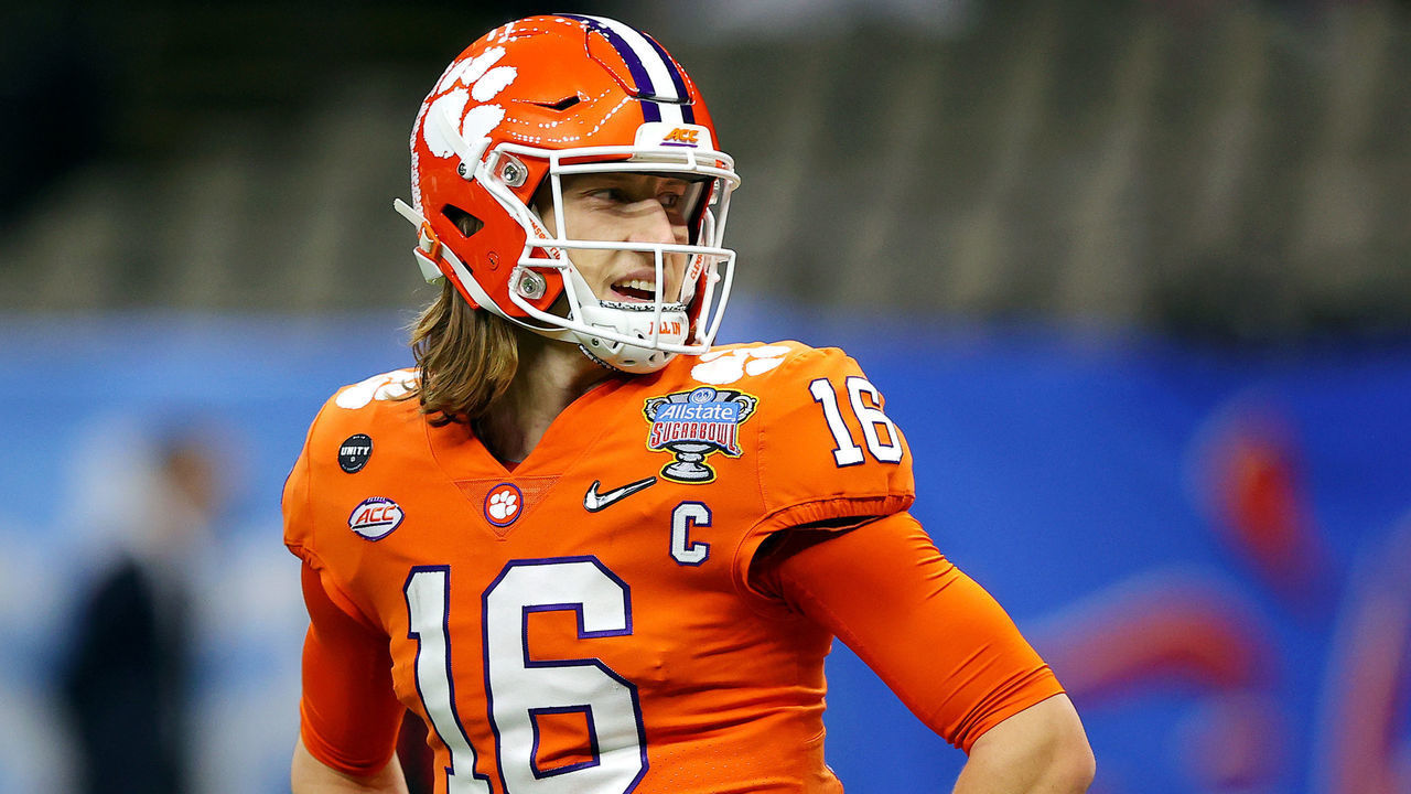 NEW ORLEANS, LOUISIANA - JANUARY 01: Trevor Lawrence #16 of the Clemson Tigers warms up before the game against the Ohio State Buckeyes during the College Football Playoff semifinal game at the Allstate Sugar Bowl at Mercedes-Benz Superdome on January 01, 2021 in New Orleans, Louisiana.
