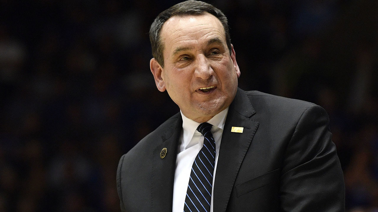 DURHAM, NORTH CAROLINA - MARCH 07: Head coach Mike Krzyzewski of the Duke Blue Devils reacts during the second half of their game against the North Carolina Tar Heels at Cameron Indoor Stadium on March 07, 2020 in Durham, North Carolina. Duke won 89-76.