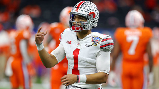 NEW ORLEANS, LOUISIANA - JANUARY 01: Justin Fields #1 of the Ohio State Buckeyes in the third quarter against the Clemson Tigers during the College Football Playoff semifinal game at the Allstate Sugar Bowl at Mercedes-Benz Superdome on January 01, 2021 in New Orleans, Louisiana.
