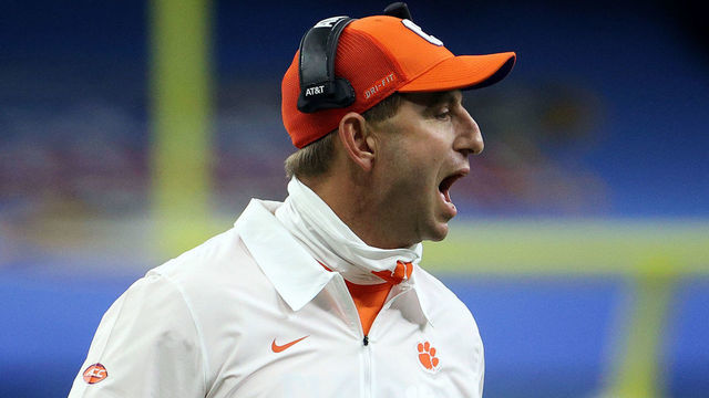 NEW ORLEANS, LOUISIANA - JANUARY 01: Head coach Dabo Swinney of the Clemson Tigers during the first half against the Ohio State Buckeyes during the College Football Playoff semifinal game at the Allstate Sugar Bowl at Mercedes-Benz Superdome on January 01, 2021 in New Orleans, Louisiana.
